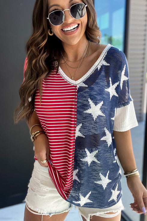 Stripes Stars Print Knit Short Sleeves Top